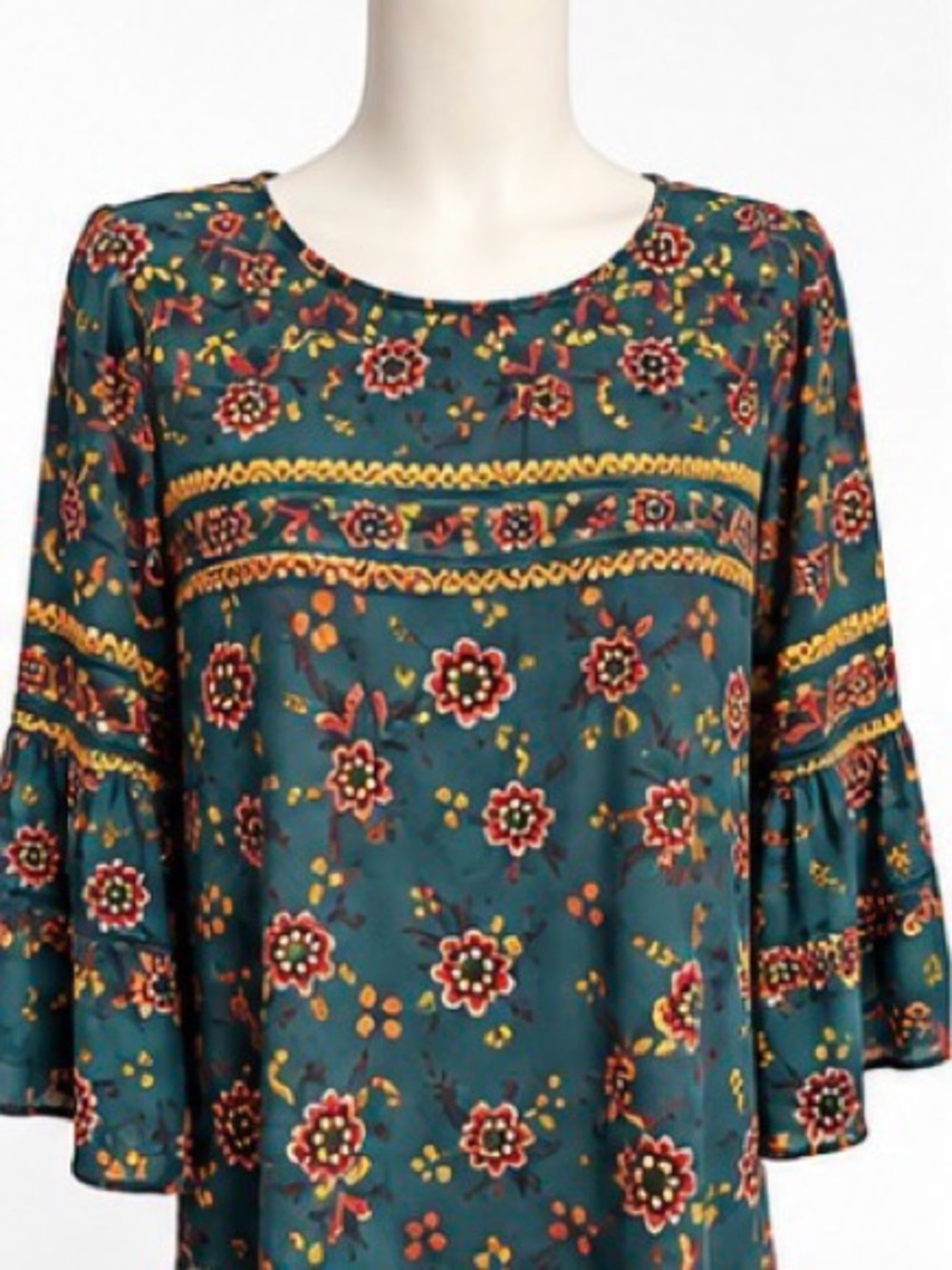 John Paul Richard Teal Floral Boho Bell Sleeve Blouse M NWT